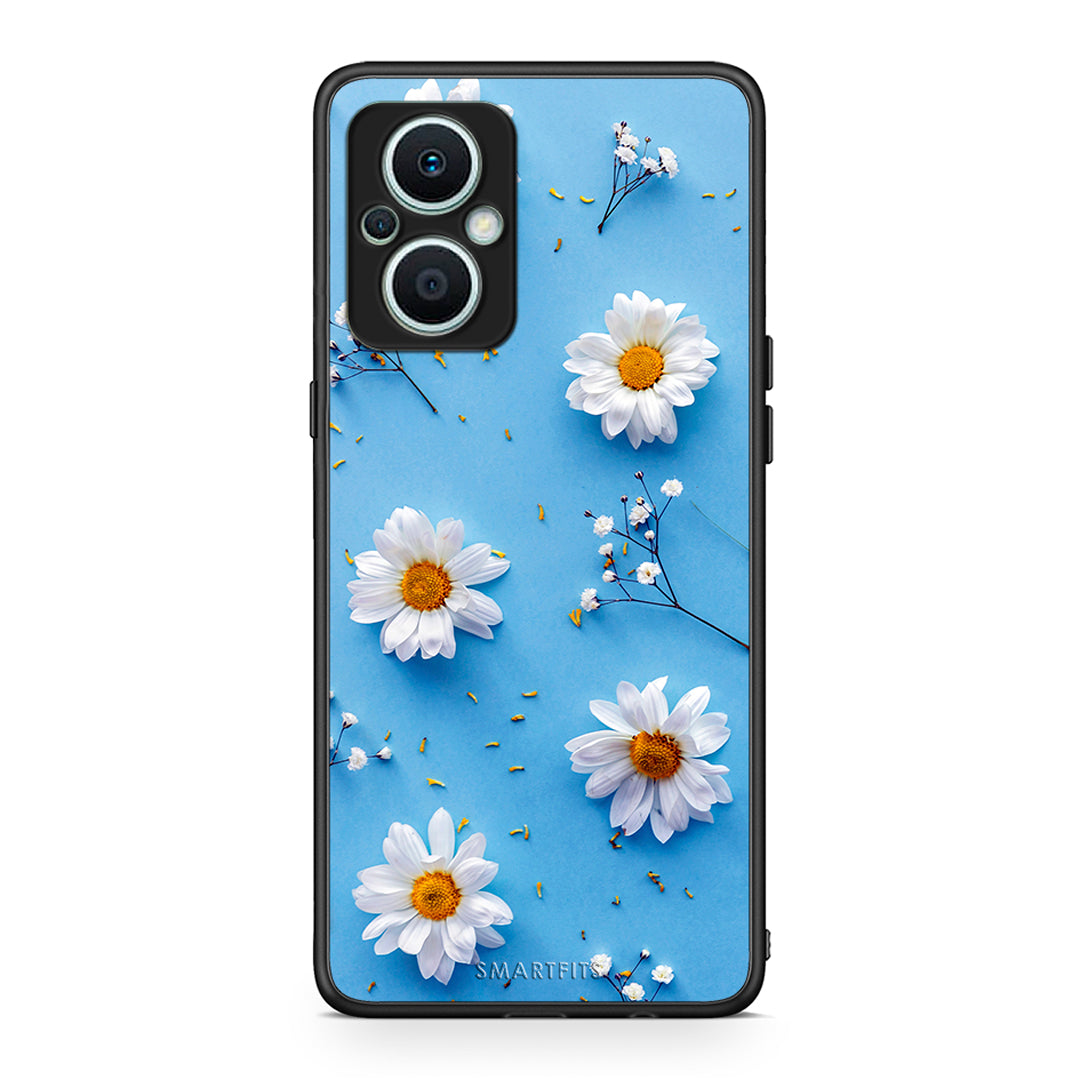 Θήκη Oppo Reno7 Lite Real Daisies από τη Smartfits με σχέδιο στο πίσω μέρος και μαύρο περίβλημα | Oppo Reno7 Lite Real Daisies Case with Colorful Back and Black Bezels