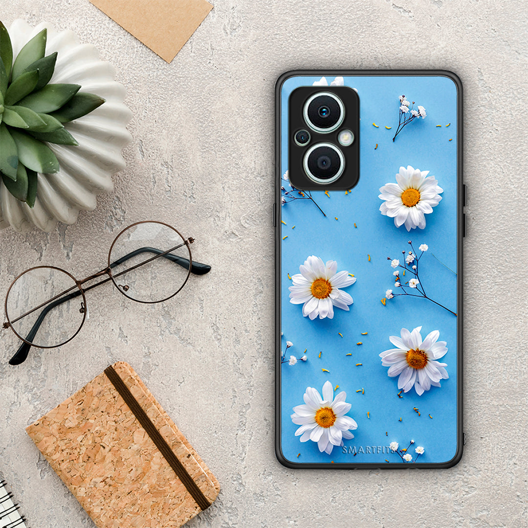 Θήκη Oppo Reno7 Lite Real Daisies από τη Smartfits με σχέδιο στο πίσω μέρος και μαύρο περίβλημα | Oppo Reno7 Lite Real Daisies Case with Colorful Back and Black Bezels