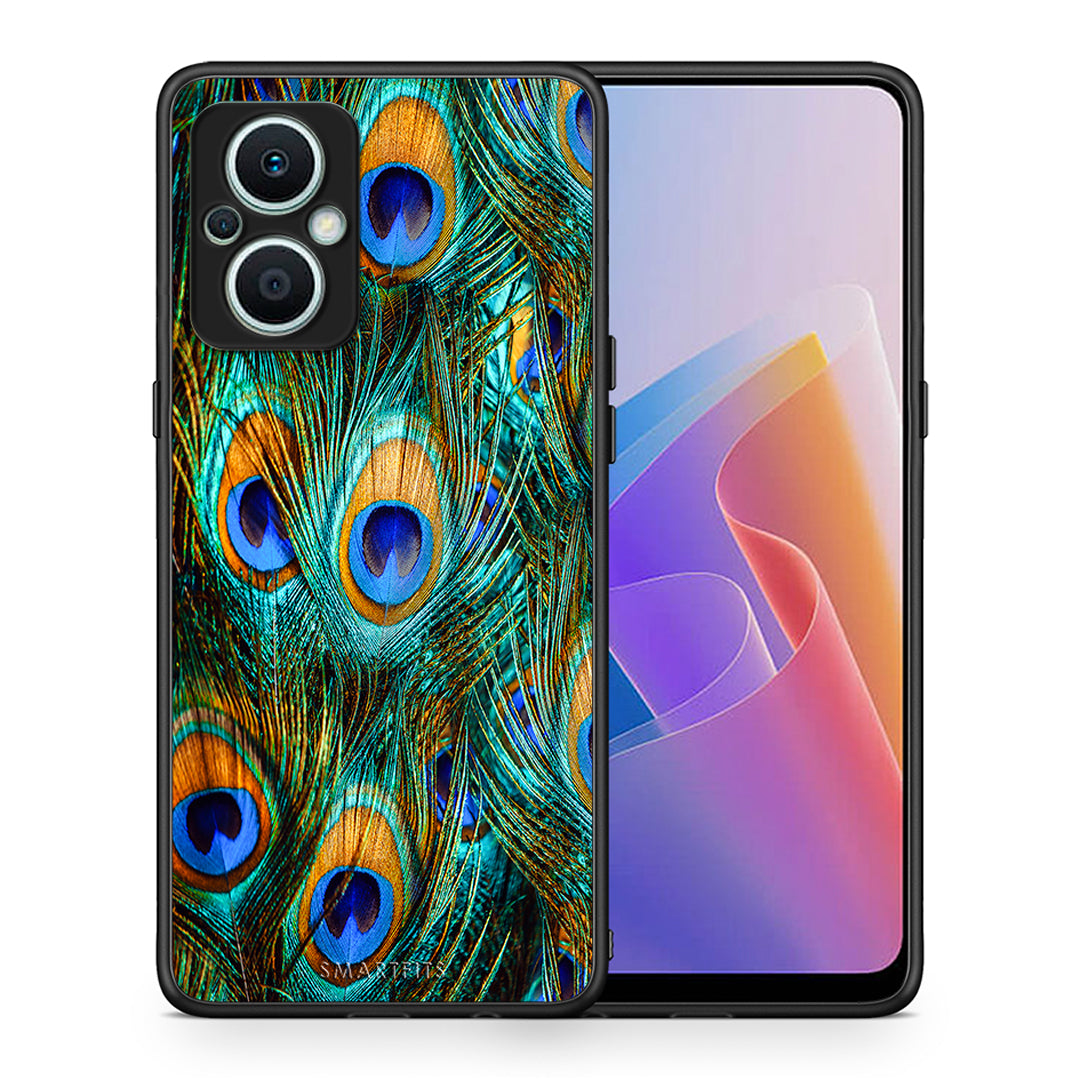 Θήκη Oppo Reno7 Lite Real Peacock Feathers από τη Smartfits με σχέδιο στο πίσω μέρος και μαύρο περίβλημα | Oppo Reno7 Lite Real Peacock Feathers Case with Colorful Back and Black Bezels