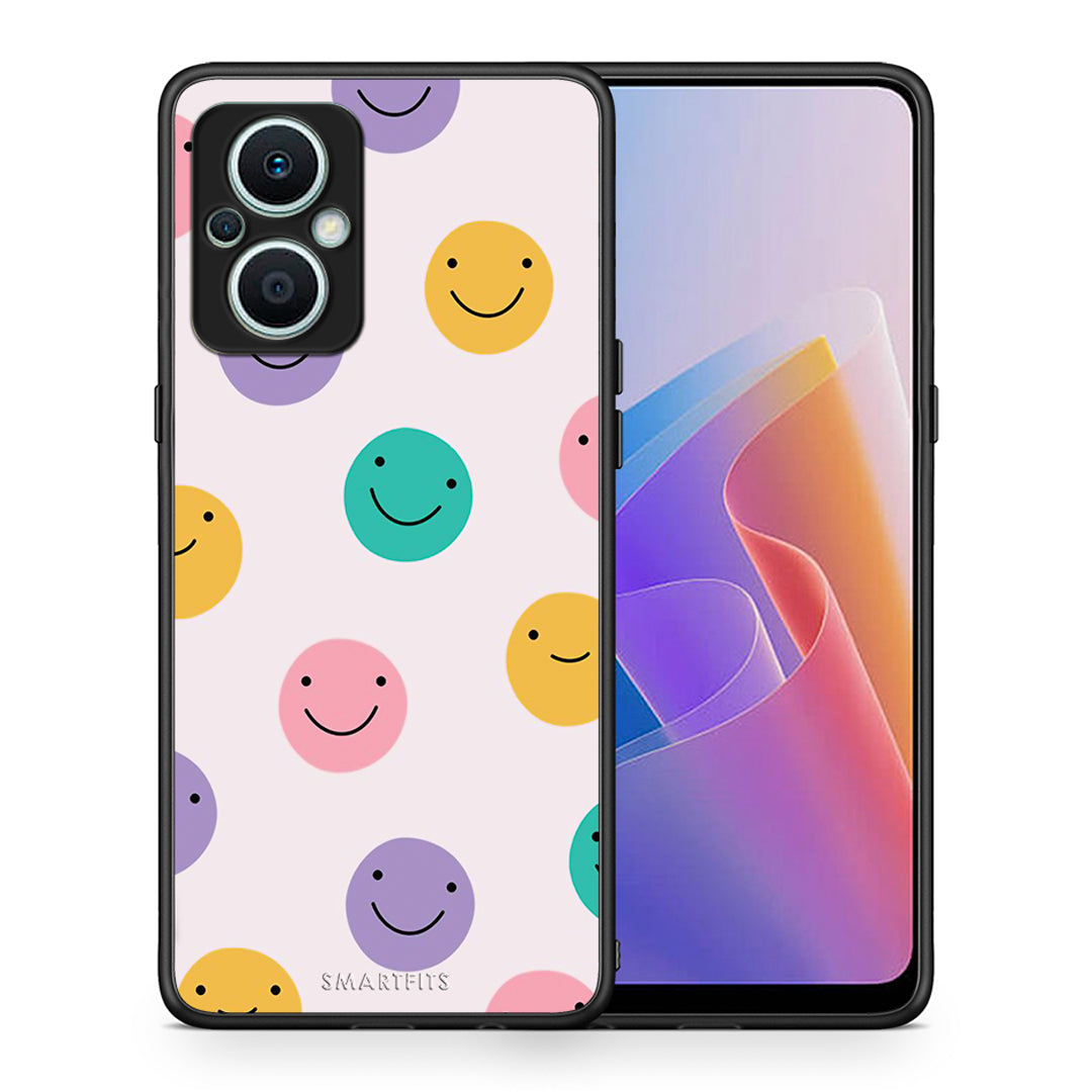 Θήκη Oppo Reno7 Lite Smiley Faces από τη Smartfits με σχέδιο στο πίσω μέρος και μαύρο περίβλημα | Oppo Reno7 Lite Smiley Faces Case with Colorful Back and Black Bezels