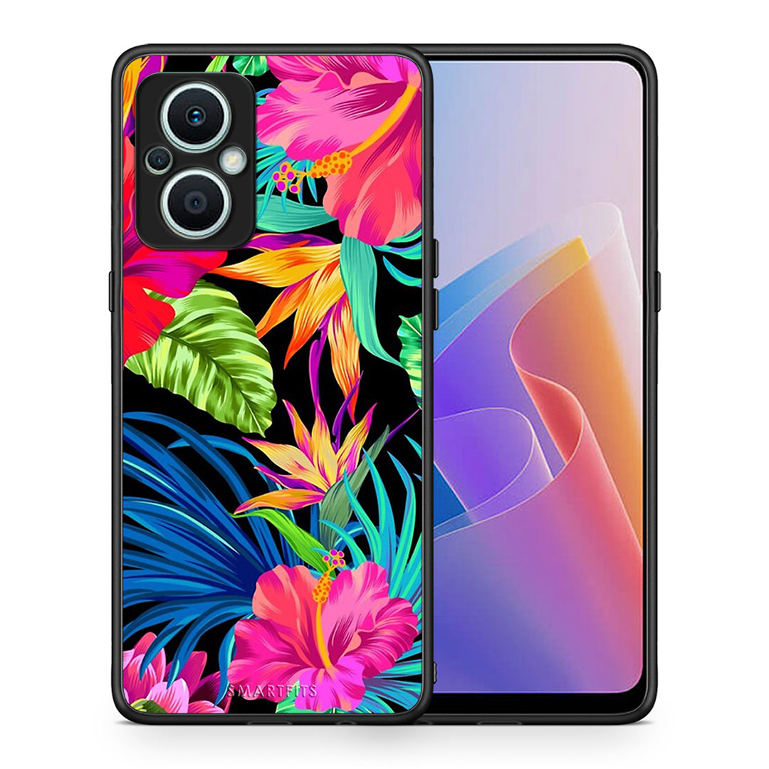 Θήκη Oppo Reno7 Lite Tropical Flowers από τη Smartfits με σχέδιο στο πίσω μέρος και μαύρο περίβλημα | Oppo Reno7 Lite Tropical Flowers Case with Colorful Back and Black Bezels