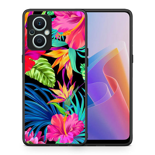 Θήκη Oppo Reno7 Lite Tropical Flowers από τη Smartfits με σχέδιο στο πίσω μέρος και μαύρο περίβλημα | Oppo Reno7 Lite Tropical Flowers Case with Colorful Back and Black Bezels