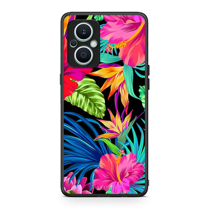 Θήκη Oppo Reno7 Lite Tropical Flowers από τη Smartfits με σχέδιο στο πίσω μέρος και μαύρο περίβλημα | Oppo Reno7 Lite Tropical Flowers Case with Colorful Back and Black Bezels