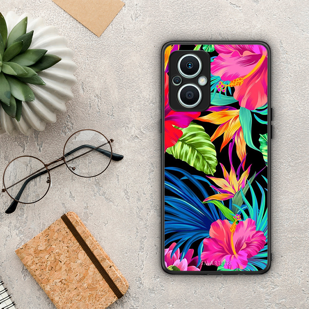 Θήκη Oppo Reno7 Lite Tropical Flowers από τη Smartfits με σχέδιο στο πίσω μέρος και μαύρο περίβλημα | Oppo Reno7 Lite Tropical Flowers Case with Colorful Back and Black Bezels