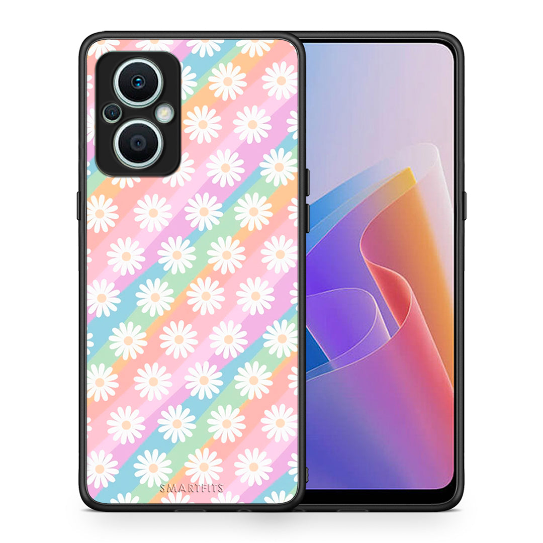 Θήκη Oppo Reno7 Lite White Daisies από τη Smartfits με σχέδιο στο πίσω μέρος και μαύρο περίβλημα | Oppo Reno7 Lite White Daisies Case with Colorful Back and Black Bezels