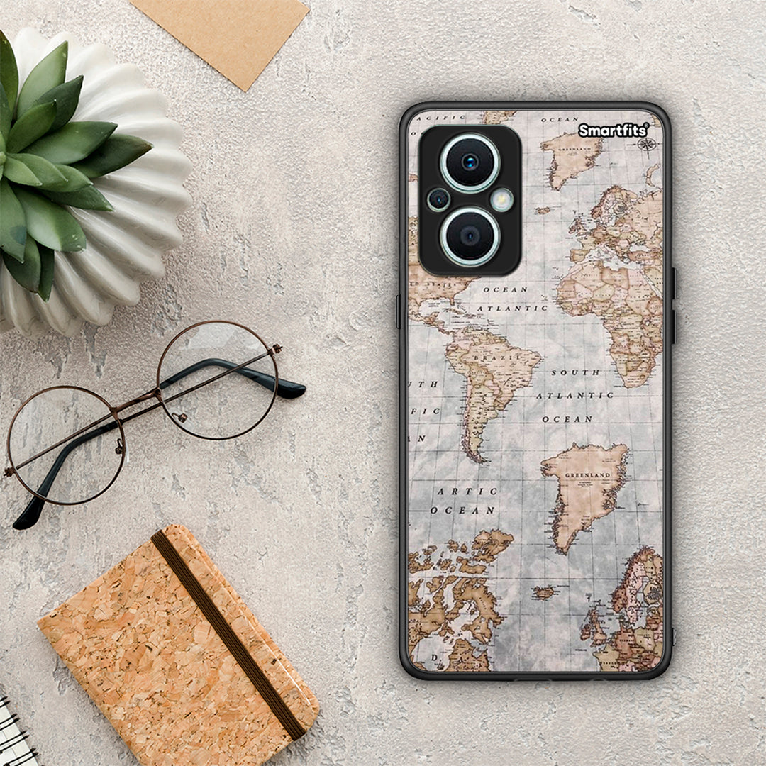 Θήκη Oppo Reno7 Lite World Map από τη Smartfits με σχέδιο στο πίσω μέρος και μαύρο περίβλημα | Oppo Reno7 Lite World Map Case with Colorful Back and Black Bezels