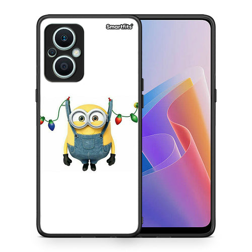 Θήκη Oppo Reno7 Lite Xmas Minion Lights από τη Smartfits με σχέδιο στο πίσω μέρος και μαύρο περίβλημα | Oppo Reno7 Lite Xmas Minion Lights Case with Colorful Back and Black Bezels