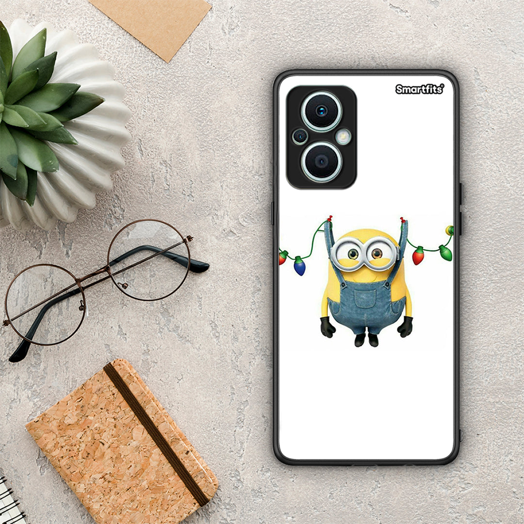 Θήκη Oppo Reno7 Lite Xmas Minion Lights από τη Smartfits με σχέδιο στο πίσω μέρος και μαύρο περίβλημα | Oppo Reno7 Lite Xmas Minion Lights Case with Colorful Back and Black Bezels