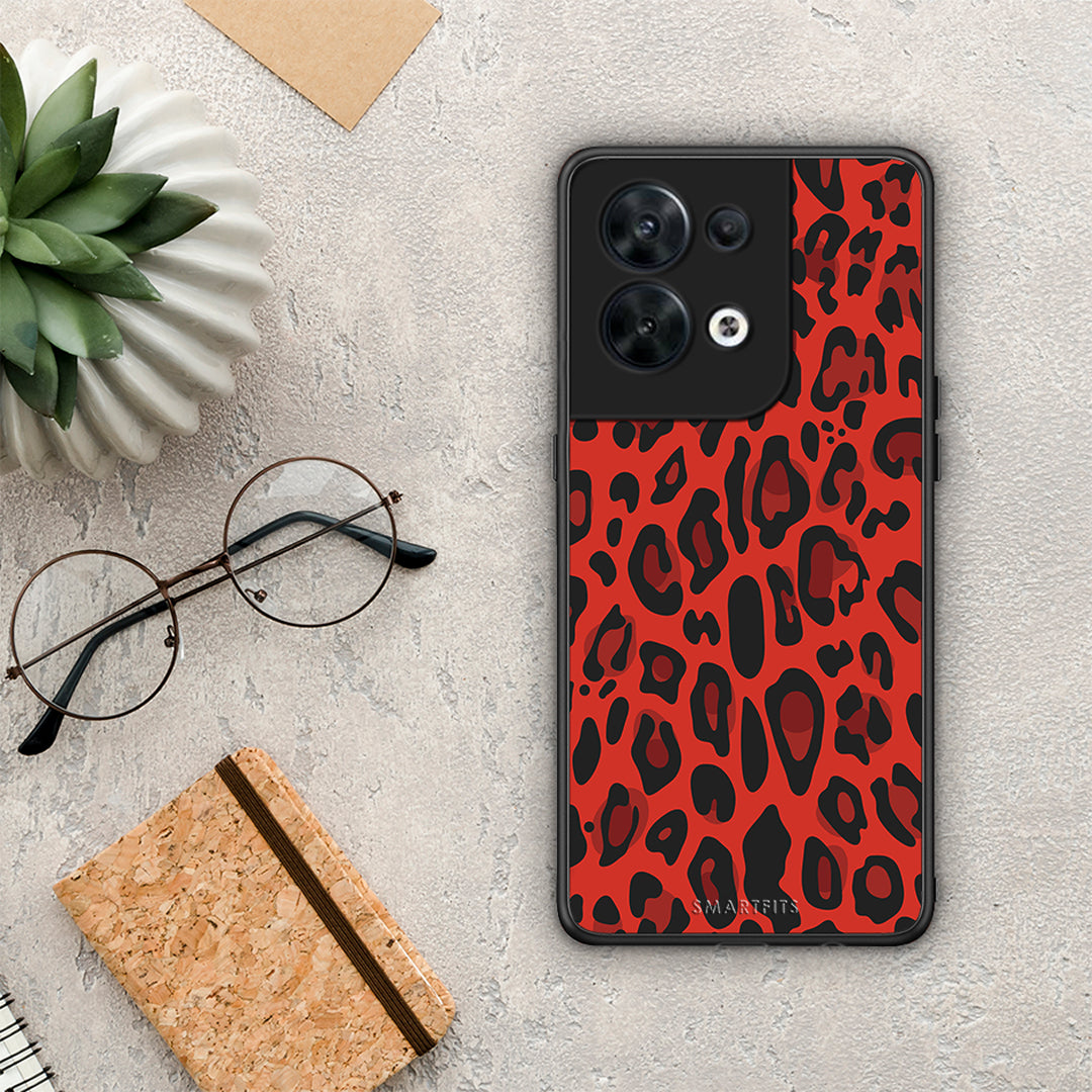 Θήκη Oppo Reno8 5G Animal Red Leopard από τη Smartfits με σχέδιο στο πίσω μέρος και μαύρο περίβλημα | Oppo Reno8 5G Animal Red Leopard Case with Colorful Back and Black Bezels