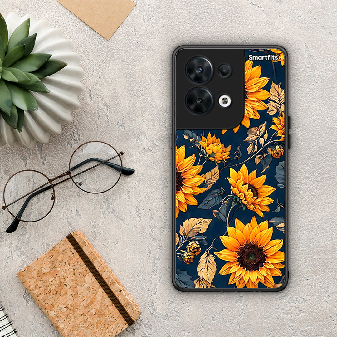Θήκη Oppo Reno8 5G Autumn Sunflowers από τη Smartfits με σχέδιο στο πίσω μέρος και μαύρο περίβλημα | Oppo Reno8 5G Autumn Sunflowers Case with Colorful Back and Black Bezels