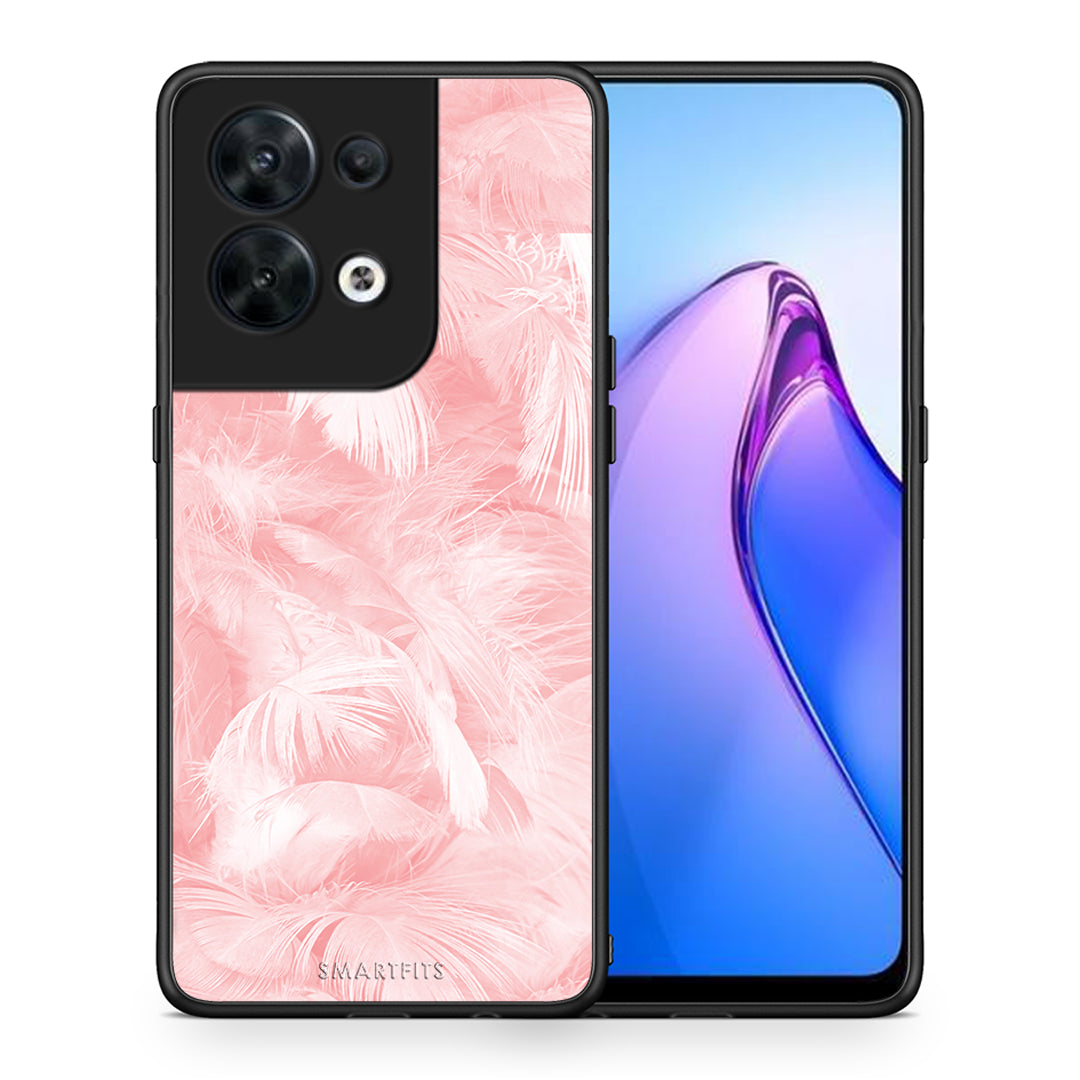 Θήκη Oppo Reno8 5G Boho Pink Feather από τη Smartfits με σχέδιο στο πίσω μέρος και μαύρο περίβλημα | Oppo Reno8 5G Boho Pink Feather Case with Colorful Back and Black Bezels