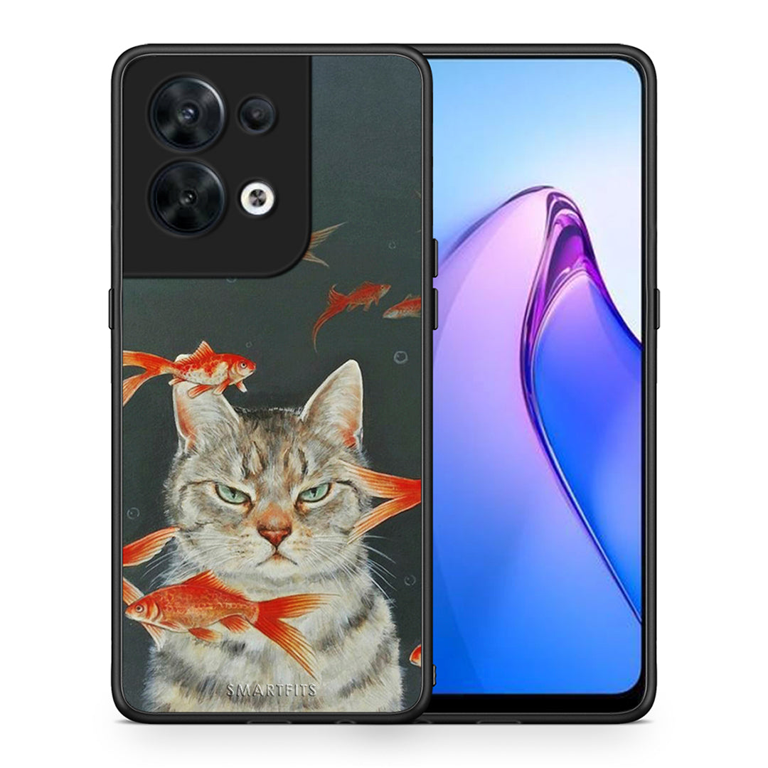 Θήκη Oppo Reno8 5G Cat Goldfish από τη Smartfits με σχέδιο στο πίσω μέρος και μαύρο περίβλημα | Oppo Reno8 5G Cat Goldfish Case with Colorful Back and Black Bezels