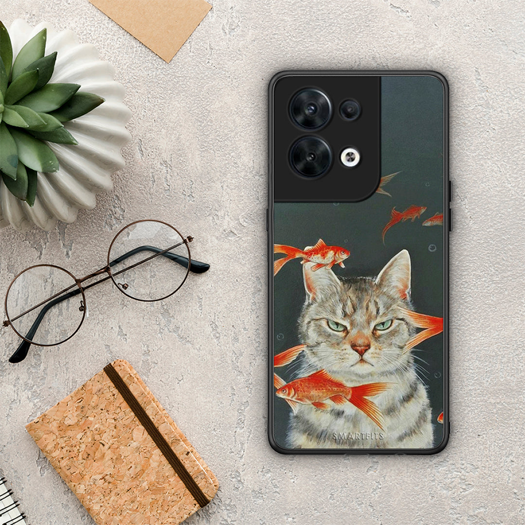 Θήκη Oppo Reno8 5G Cat Goldfish από τη Smartfits με σχέδιο στο πίσω μέρος και μαύρο περίβλημα | Oppo Reno8 5G Cat Goldfish Case with Colorful Back and Black Bezels