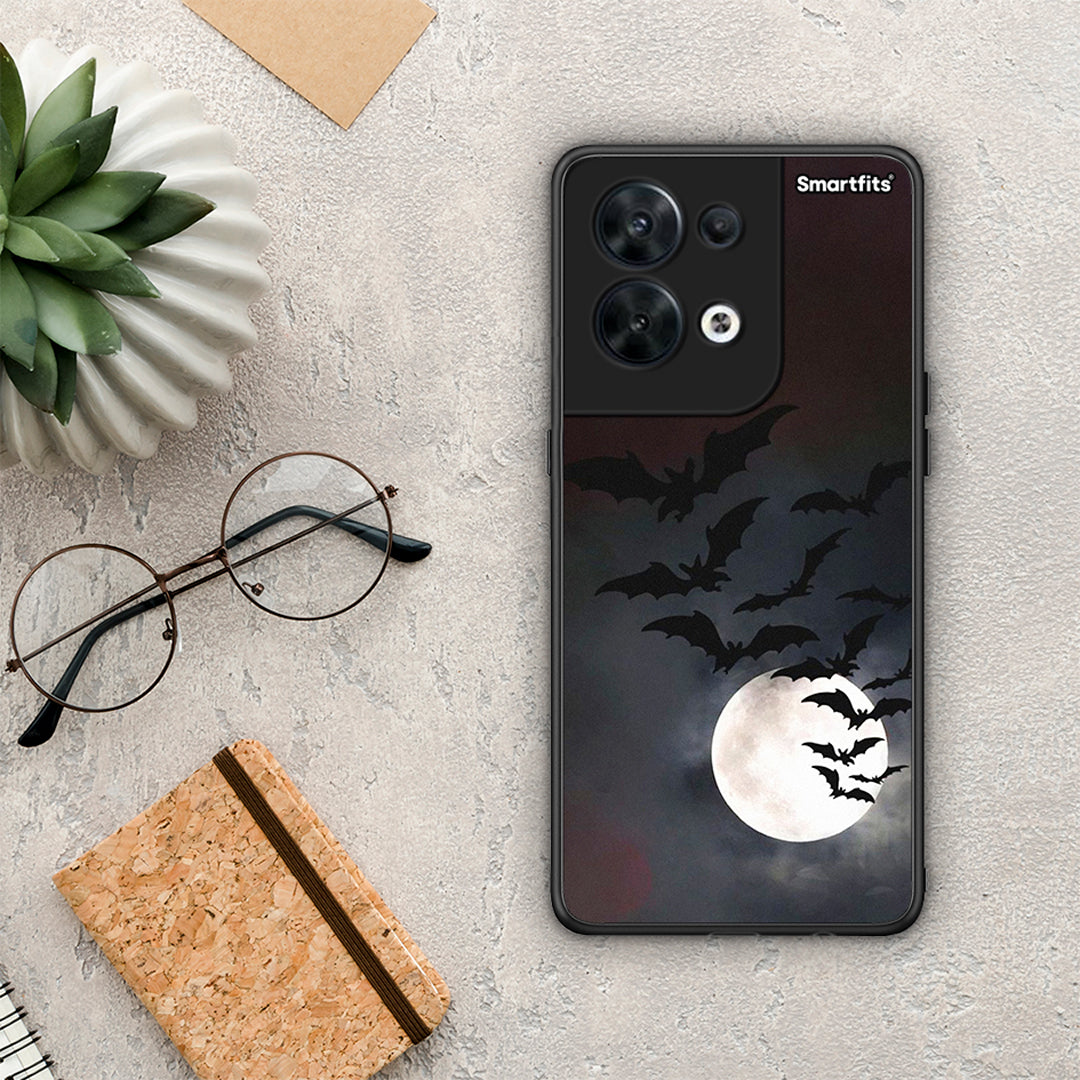 Θήκη Oppo Reno8 5G Halloween Bat Night από τη Smartfits με σχέδιο στο πίσω μέρος και μαύρο περίβλημα | Oppo Reno8 5G Halloween Bat Night Case with Colorful Back and Black Bezels