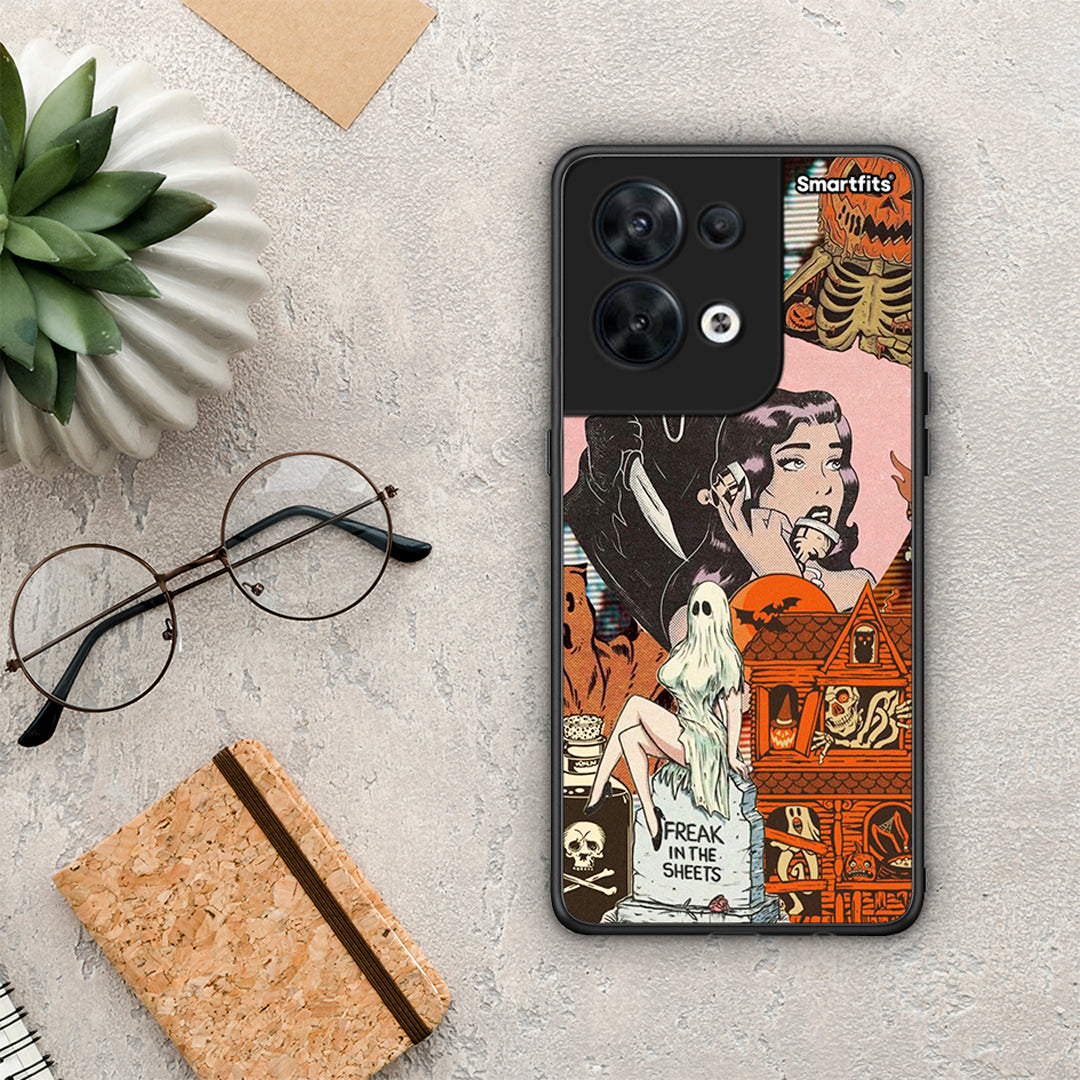 Θήκη Oppo Reno8 5G Halloween Collage από τη Smartfits με σχέδιο στο πίσω μέρος και μαύρο περίβλημα | Oppo Reno8 5G Halloween Collage Case with Colorful Back and Black Bezels