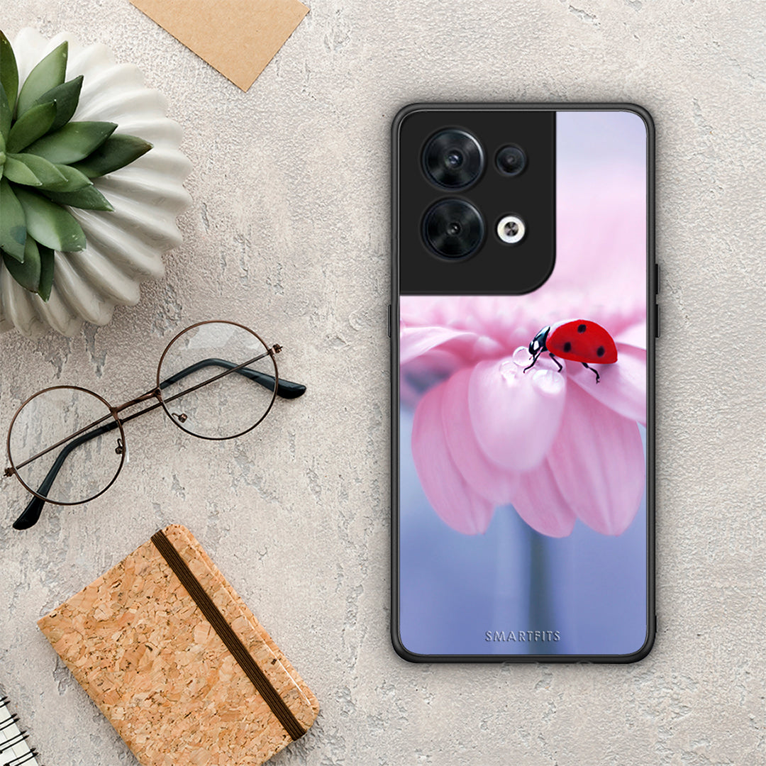 Θήκη Oppo Reno8 5G Ladybug Flower από τη Smartfits με σχέδιο στο πίσω μέρος και μαύρο περίβλημα | Oppo Reno8 5G Ladybug Flower Case with Colorful Back and Black Bezels