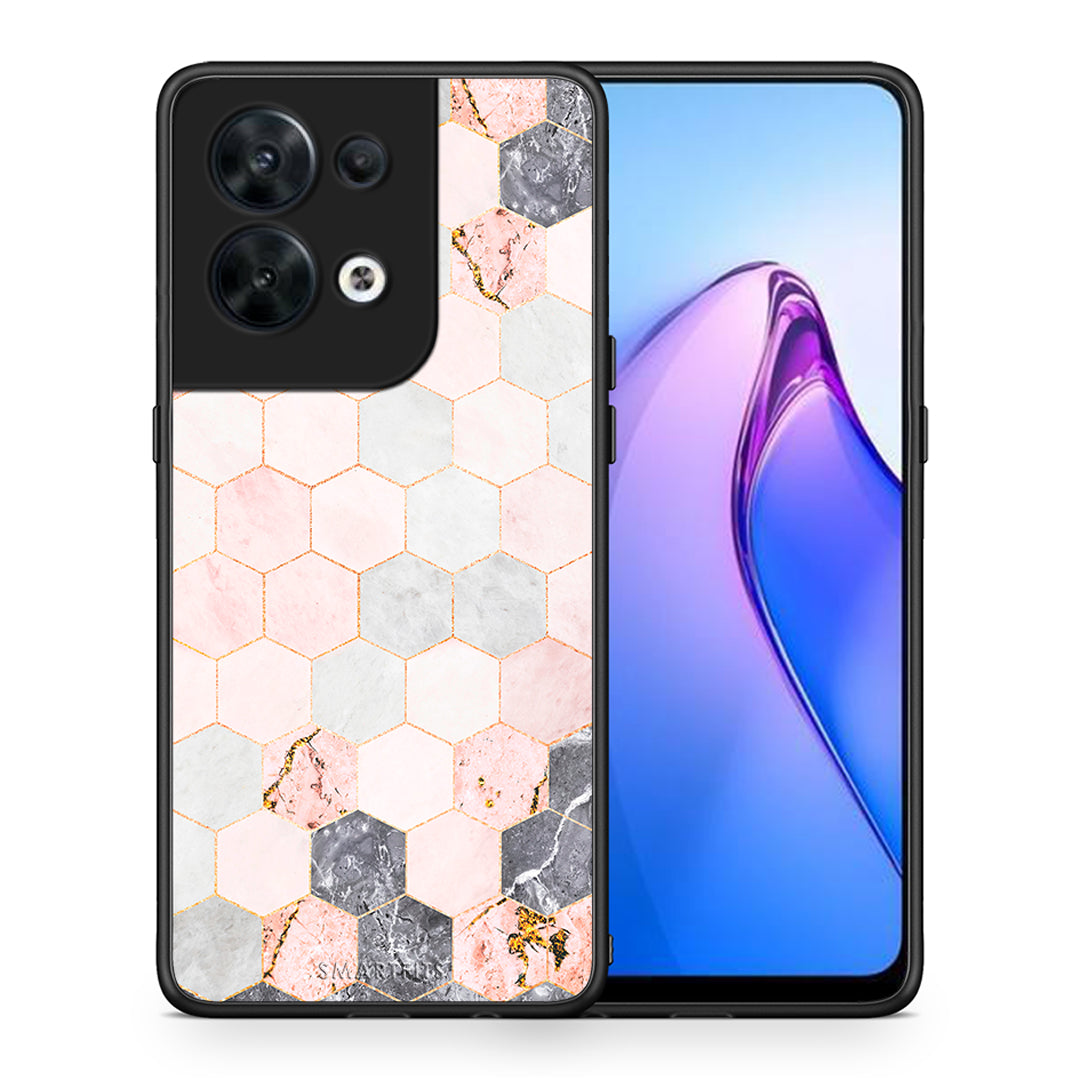 Θήκη Oppo Reno8 5G Marble Hexagon Pink από τη Smartfits με σχέδιο στο πίσω μέρος και μαύρο περίβλημα | Oppo Reno8 5G Marble Hexagon Pink Case with Colorful Back and Black Bezels