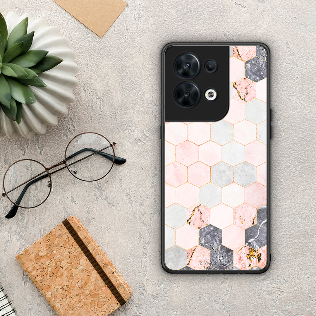 Θήκη Oppo Reno8 5G Marble Hexagon Pink από τη Smartfits με σχέδιο στο πίσω μέρος και μαύρο περίβλημα | Oppo Reno8 5G Marble Hexagon Pink Case with Colorful Back and Black Bezels