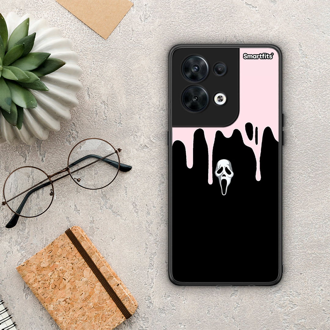 Θήκη Oppo Reno8 5G Melting Halloween Mask από τη Smartfits με σχέδιο στο πίσω μέρος και μαύρο περίβλημα | Oppo Reno8 5G Melting Halloween Mask Case with Colorful Back and Black Bezels
