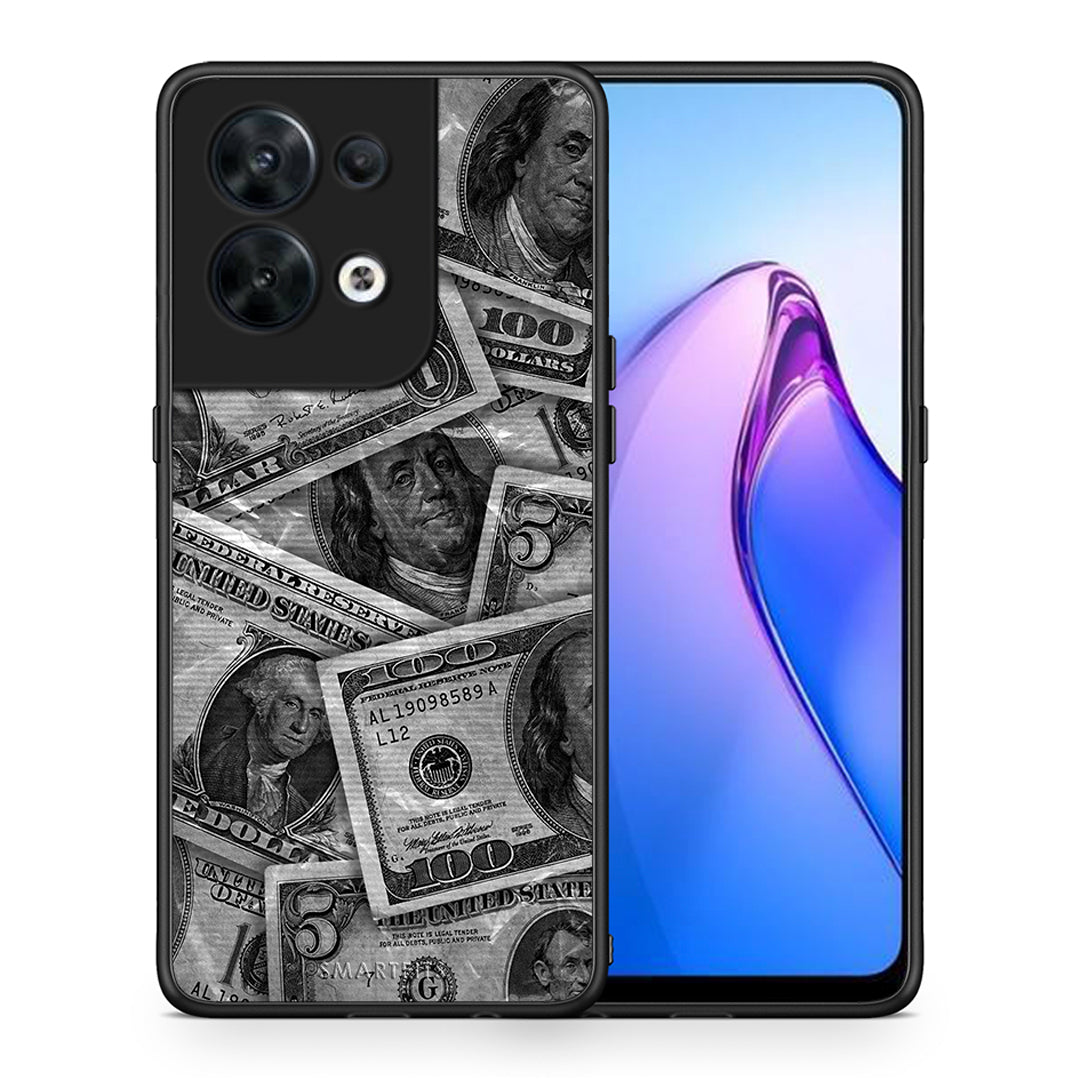 Θήκη Oppo Reno8 5G Money Dollars από τη Smartfits με σχέδιο στο πίσω μέρος και μαύρο περίβλημα | Oppo Reno8 5G Money Dollars Case with Colorful Back and Black Bezels