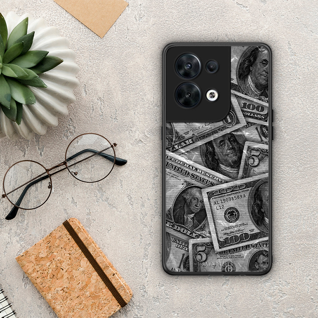 Θήκη Oppo Reno8 5G Money Dollars από τη Smartfits με σχέδιο στο πίσω μέρος και μαύρο περίβλημα | Oppo Reno8 5G Money Dollars Case with Colorful Back and Black Bezels