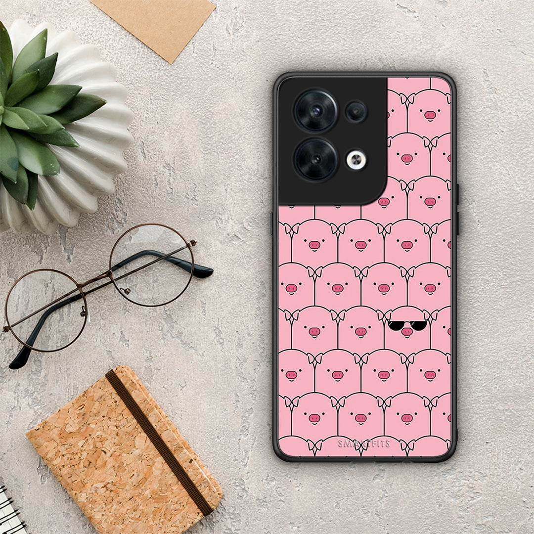 Θήκη Oppo Reno8 5G Pig Glasses από τη Smartfits με σχέδιο στο πίσω μέρος και μαύρο περίβλημα | Oppo Reno8 5G Pig Glasses Case with Colorful Back and Black Bezels