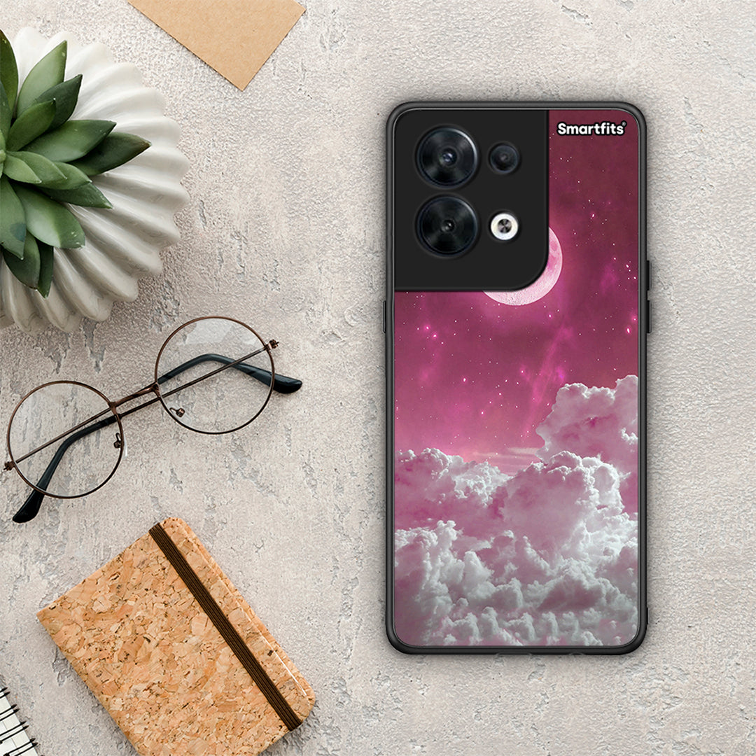 Θήκη Oppo Reno8 5G Pink Moon από τη Smartfits με σχέδιο στο πίσω μέρος και μαύρο περίβλημα | Oppo Reno8 5G Pink Moon Case with Colorful Back and Black Bezels