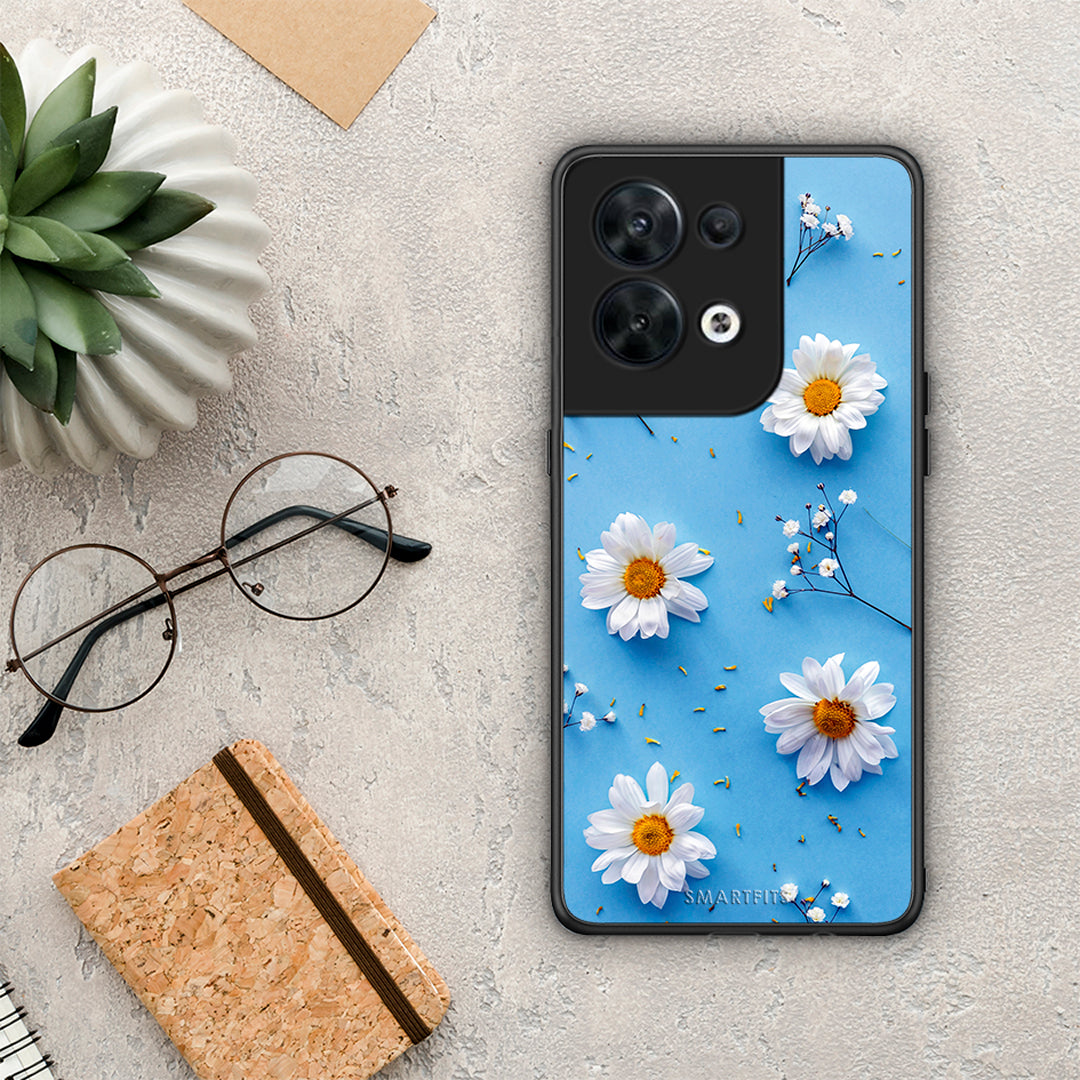 Θήκη Oppo Reno8 5G Real Daisies από τη Smartfits με σχέδιο στο πίσω μέρος και μαύρο περίβλημα | Oppo Reno8 5G Real Daisies Case with Colorful Back and Black Bezels