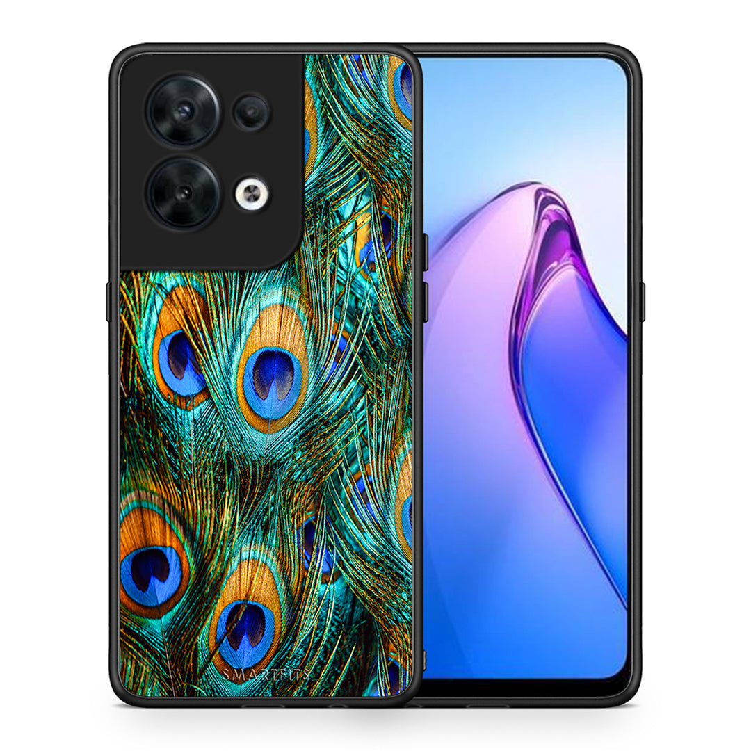 Θήκη Oppo Reno8 5G Real Peacock Feathers από τη Smartfits με σχέδιο στο πίσω μέρος και μαύρο περίβλημα | Oppo Reno8 5G Real Peacock Feathers Case with Colorful Back and Black Bezels