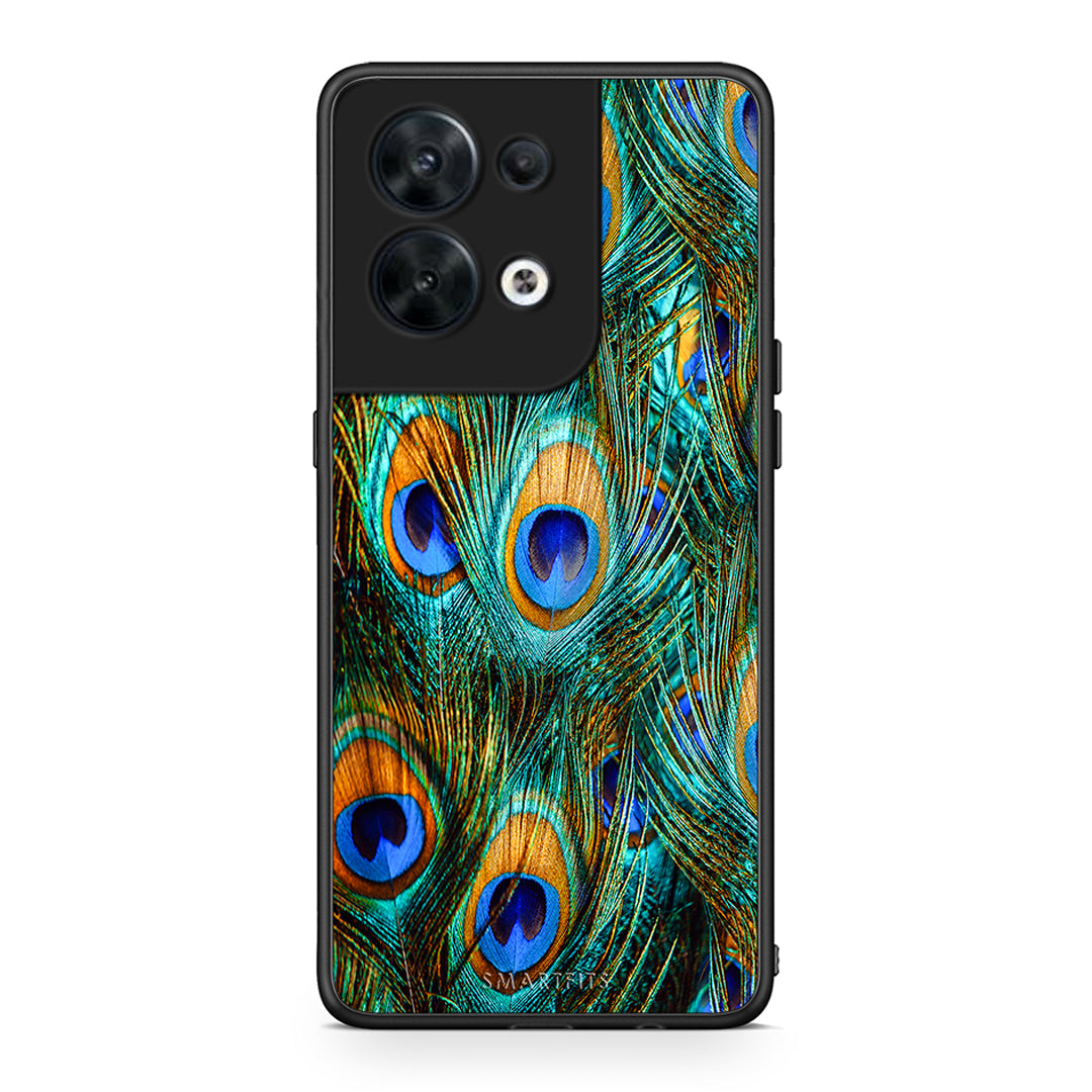 Θήκη Oppo Reno8 5G Real Peacock Feathers από τη Smartfits με σχέδιο στο πίσω μέρος και μαύρο περίβλημα | Oppo Reno8 5G Real Peacock Feathers Case with Colorful Back and Black Bezels