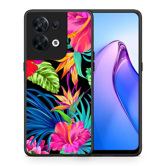 Θήκη Oppo Reno8 5G Tropical Flowers από τη Smartfits με σχέδιο στο πίσω μέρος και μαύρο περίβλημα | Oppo Reno8 5G Tropical Flowers Case with Colorful Back and Black Bezels