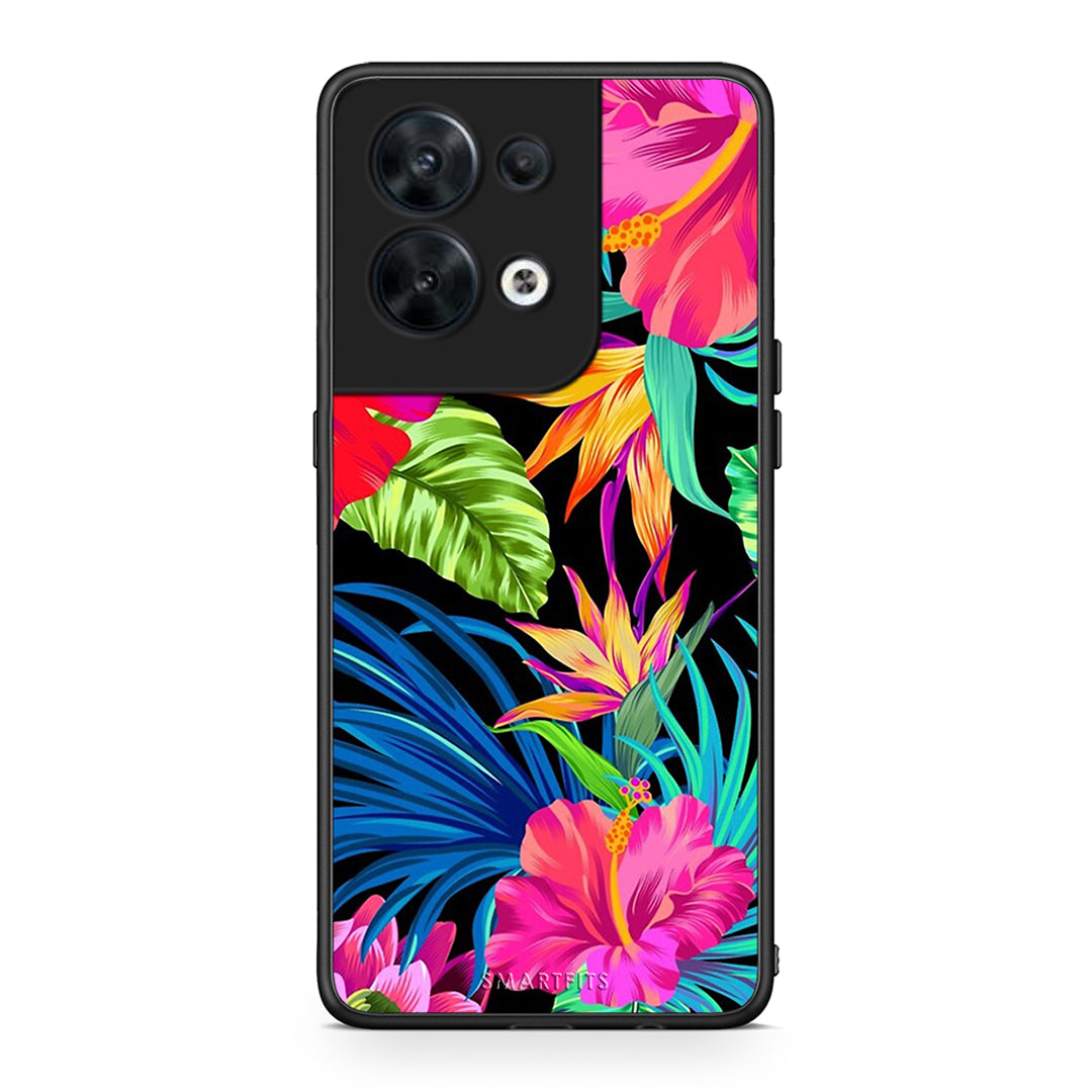 Θήκη Oppo Reno8 5G Tropical Flowers από τη Smartfits με σχέδιο στο πίσω μέρος και μαύρο περίβλημα | Oppo Reno8 5G Tropical Flowers Case with Colorful Back and Black Bezels