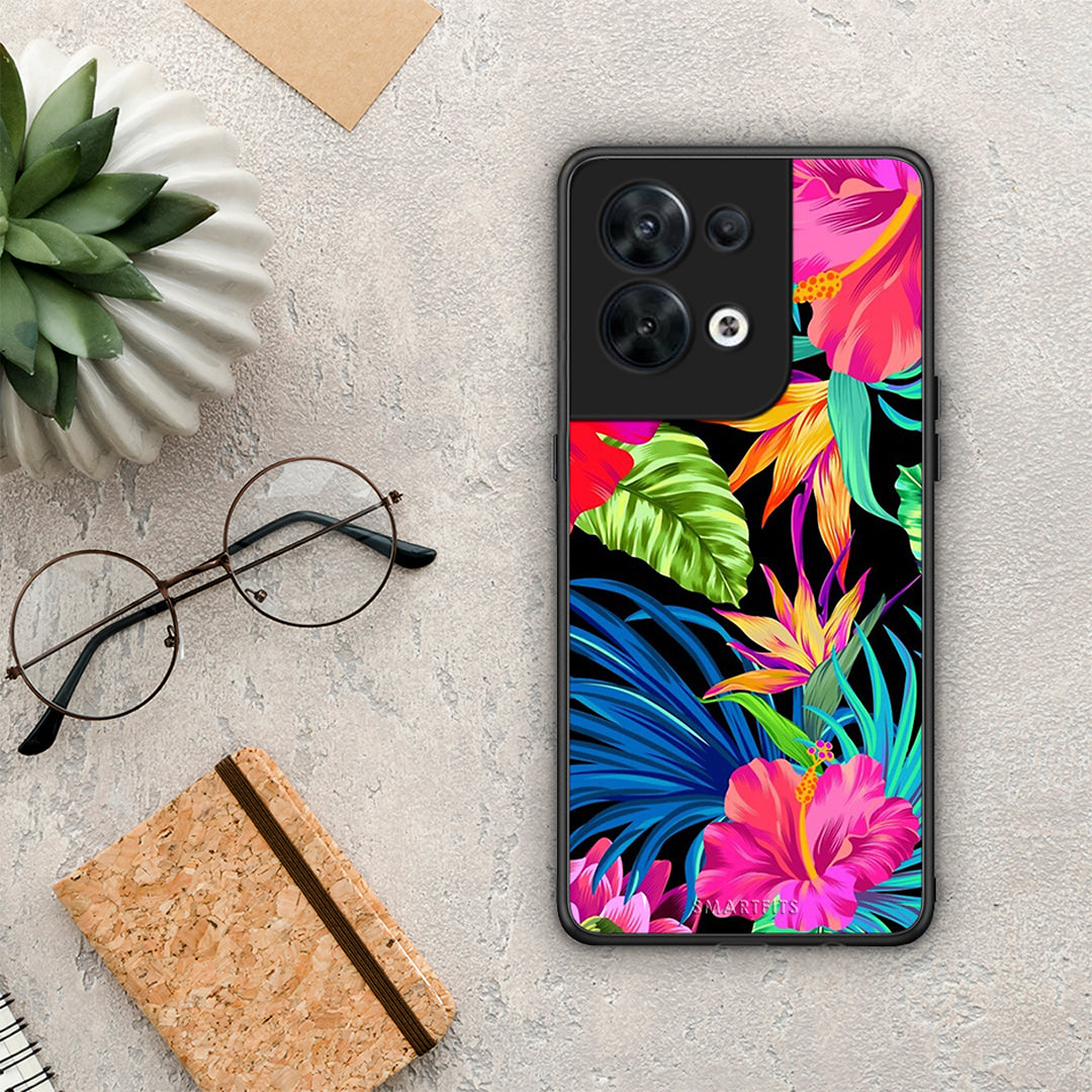 Θήκη Oppo Reno8 5G Tropical Flowers από τη Smartfits με σχέδιο στο πίσω μέρος και μαύρο περίβλημα | Oppo Reno8 5G Tropical Flowers Case with Colorful Back and Black Bezels