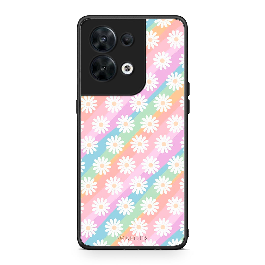 Θήκη Oppo Reno8 5G White Daisies από τη Smartfits με σχέδιο στο πίσω μέρος και μαύρο περίβλημα | Oppo Reno8 5G White Daisies Case with Colorful Back and Black Bezels