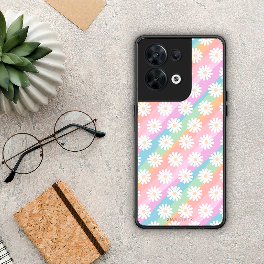 Θήκη Oppo Reno8 5G White Daisies από τη Smartfits με σχέδιο στο πίσω μέρος και μαύρο περίβλημα | Oppo Reno8 5G White Daisies Case with Colorful Back and Black Bezels