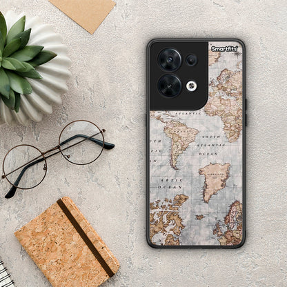Θήκη Oppo Reno8 5G World Map από τη Smartfits με σχέδιο στο πίσω μέρος και μαύρο περίβλημα | Oppo Reno8 5G World Map Case with Colorful Back and Black Bezels