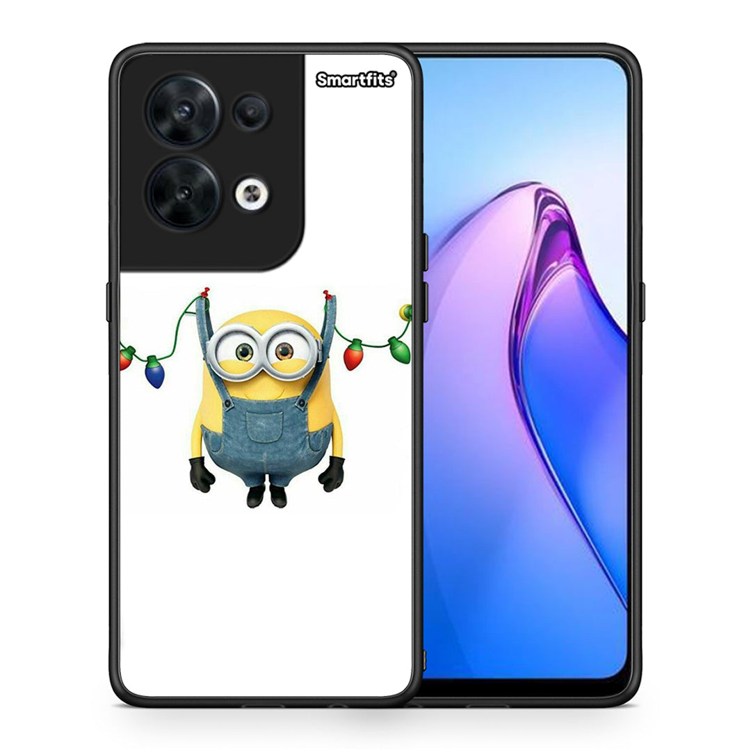 Θήκη Oppo Reno8 5G Xmas Minion Lights από τη Smartfits με σχέδιο στο πίσω μέρος και μαύρο περίβλημα | Oppo Reno8 5G Xmas Minion Lights Case with Colorful Back and Black Bezels