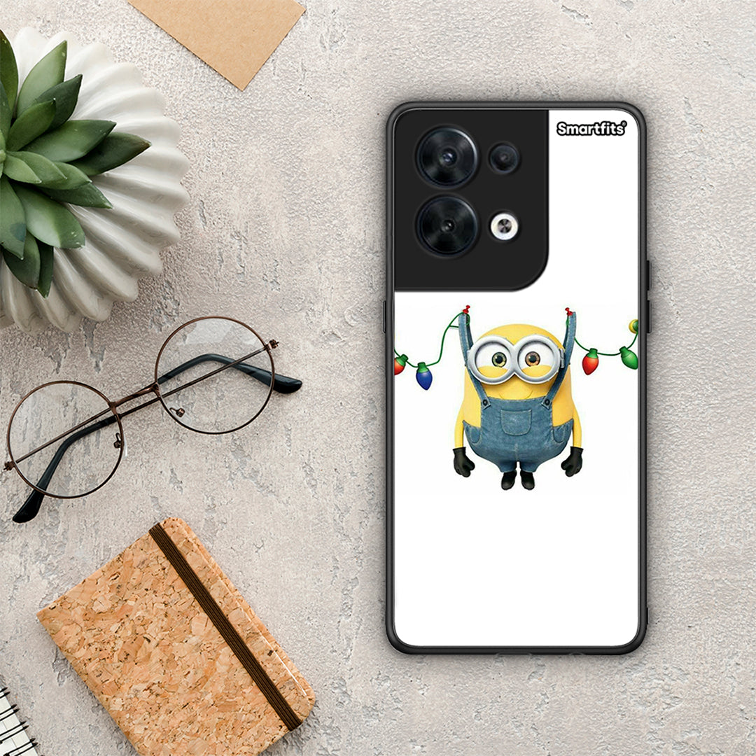 Θήκη Oppo Reno8 5G Xmas Minion Lights από τη Smartfits με σχέδιο στο πίσω μέρος και μαύρο περίβλημα | Oppo Reno8 5G Xmas Minion Lights Case with Colorful Back and Black Bezels