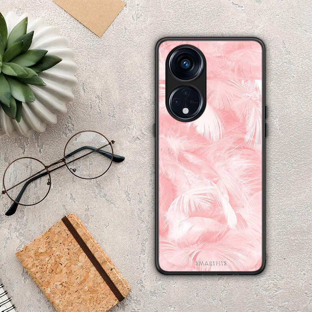 Θήκη Oppo Reno8T 5G / A1 Pro Boho Pink Feather από τη Smartfits με σχέδιο στο πίσω μέρος και μαύρο περίβλημα | Oppo Reno8T 5G / A1 Pro Boho Pink Feather Case with Colorful Back and Black Bezels