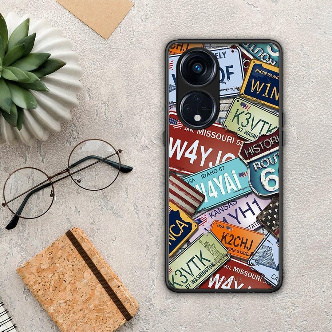 Θήκη Oppo Reno8T 5G / A1 Pro Car Plates από τη Smartfits με σχέδιο στο πίσω μέρος και μαύρο περίβλημα | Oppo Reno8T 5G / A1 Pro Car Plates Case with Colorful Back and Black Bezels