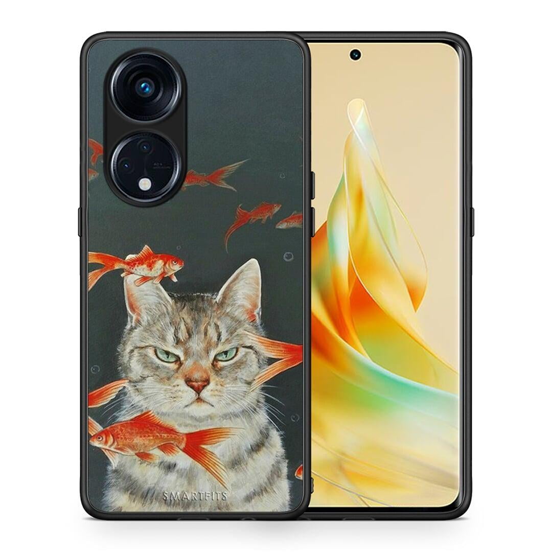 Θήκη Oppo Reno8T 5G / A1 Pro Cat Goldfish από τη Smartfits με σχέδιο στο πίσω μέρος και μαύρο περίβλημα | Oppo Reno8T 5G / A1 Pro Cat Goldfish Case with Colorful Back and Black Bezels