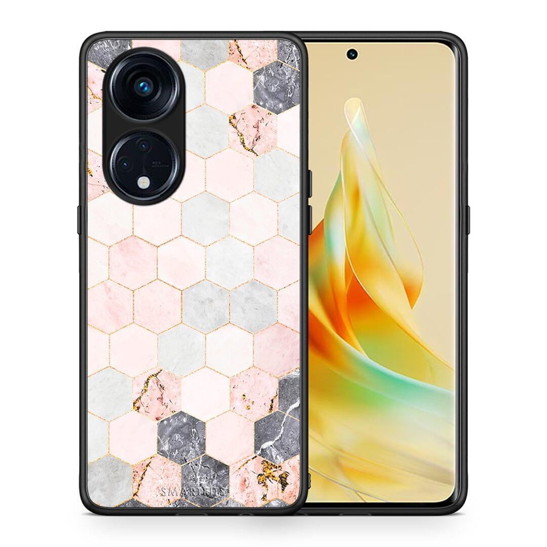 Θήκη Oppo Reno8T 5G / A1 Pro Marble Hexagon Pink από τη Smartfits με σχέδιο στο πίσω μέρος και μαύρο περίβλημα | Oppo Reno8T 5G / A1 Pro Marble Hexagon Pink Case with Colorful Back and Black Bezels