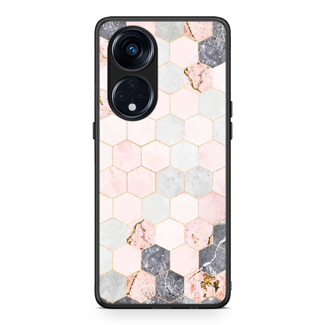 Θήκη Oppo Reno8T 5G / A1 Pro Marble Hexagon Pink από τη Smartfits με σχέδιο στο πίσω μέρος και μαύρο περίβλημα | Oppo Reno8T 5G / A1 Pro Marble Hexagon Pink Case with Colorful Back and Black Bezels