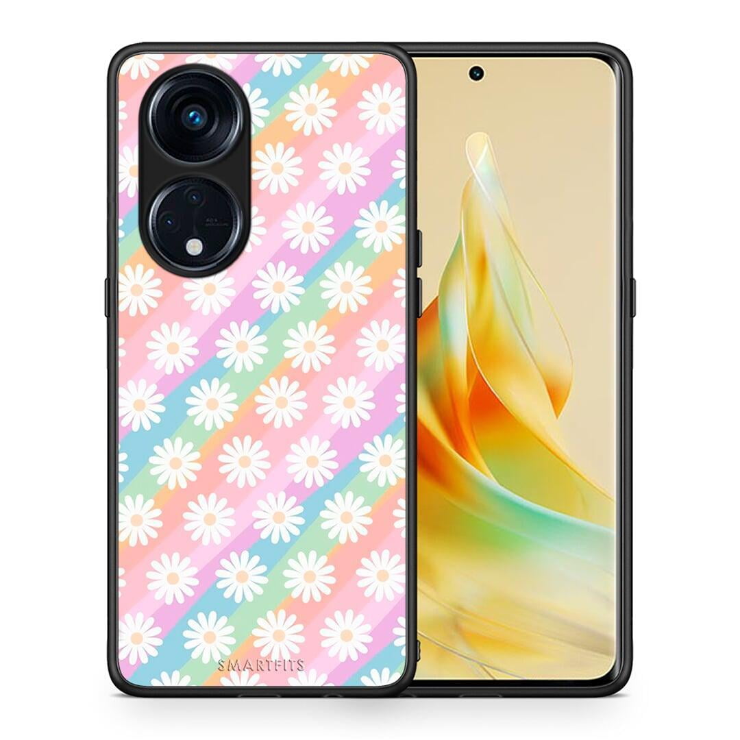 Θήκη Oppo Reno8T 5G / A1 Pro White Daisies από τη Smartfits με σχέδιο στο πίσω μέρος και μαύρο περίβλημα | Oppo Reno8T 5G / A1 Pro White Daisies Case with Colorful Back and Black Bezels