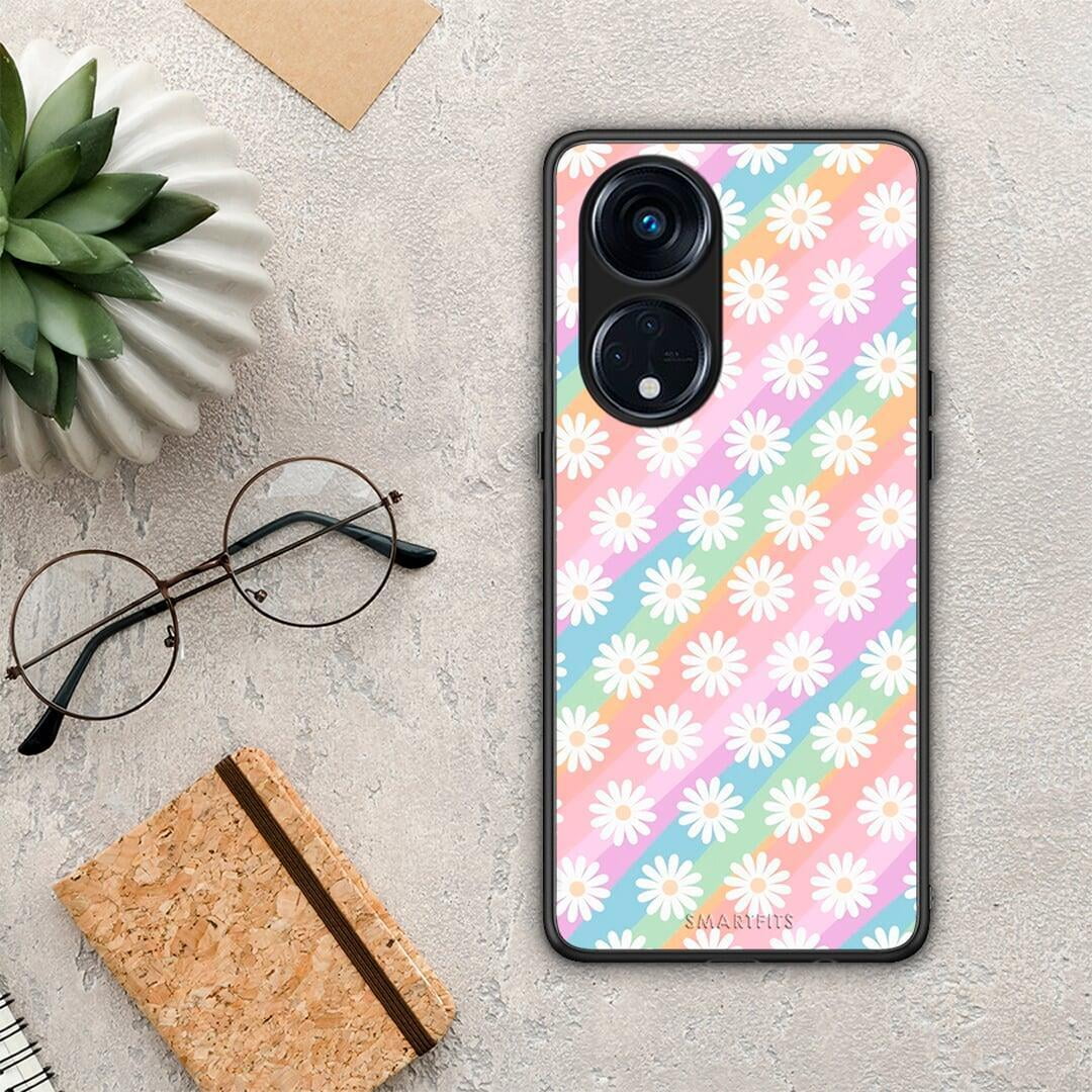 Θήκη Oppo Reno8T 5G / A1 Pro White Daisies από τη Smartfits με σχέδιο στο πίσω μέρος και μαύρο περίβλημα | Oppo Reno8T 5G / A1 Pro White Daisies Case with Colorful Back and Black Bezels