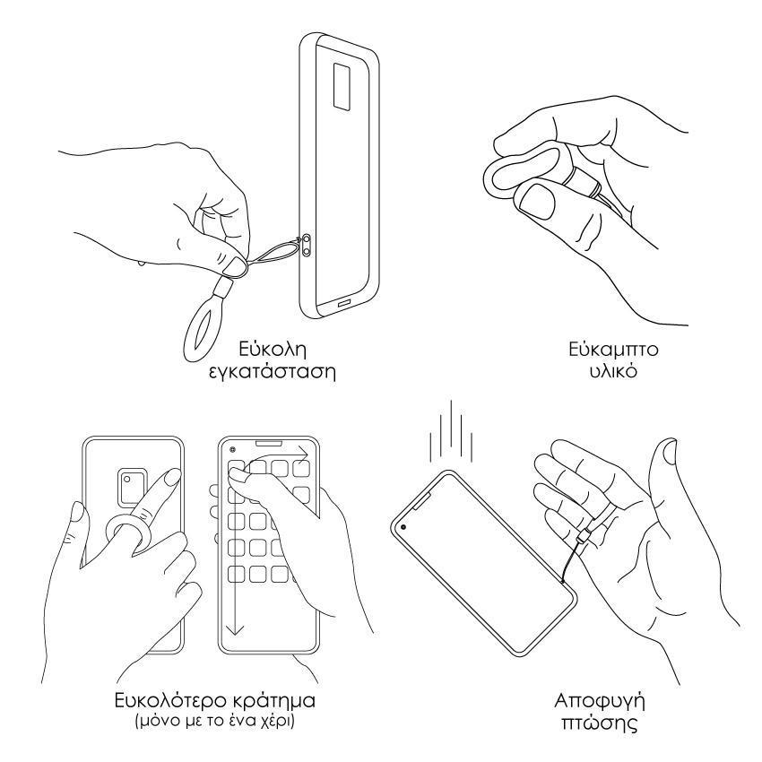 Εικόνες που εξηγούν τις ιδιότητες του Ring Holder, που είναι δαχτυλίδι με κορδόνι που εφαρμόζει πάνω στο κινητό και βοηθάει στο κράτημα - Ring Holder από τη Smartfits |Images presenting Ring Holder, phone accessory that helps with the grip of the phone by Smartfits