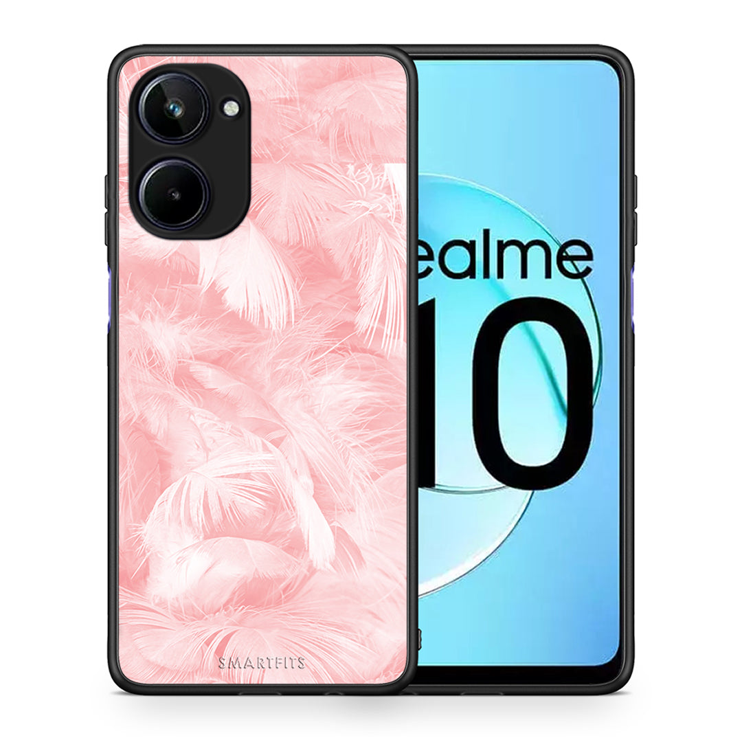 Θήκη Realme 10 Boho Pink Feather από τη Smartfits με σχέδιο στο πίσω μέρος και μαύρο περίβλημα | Realme 10 Boho Pink Feather Case with Colorful Back and Black Bezels