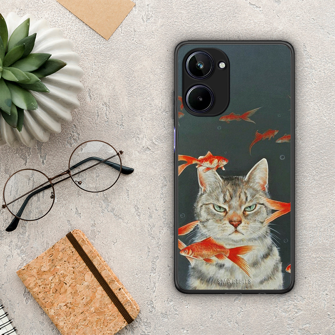 Θήκη Realme 10 Cat Goldfish από τη Smartfits με σχέδιο στο πίσω μέρος και μαύρο περίβλημα | Realme 10 Cat Goldfish Case with Colorful Back and Black Bezels