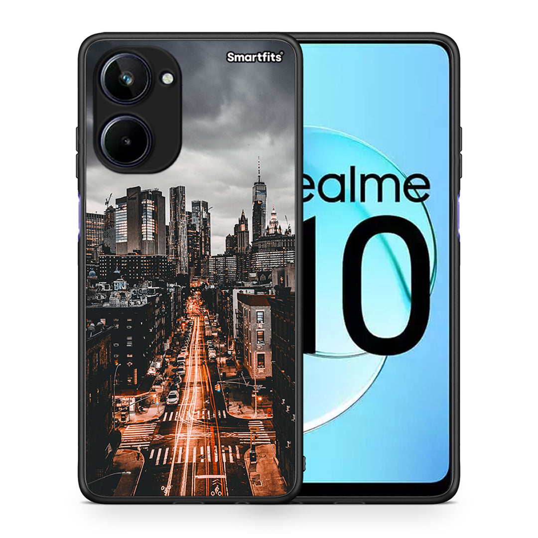 Θήκη Realme 10 City Lights από τη Smartfits με σχέδιο στο πίσω μέρος και μαύρο περίβλημα | Realme 10 City Lights Case with Colorful Back and Black Bezels