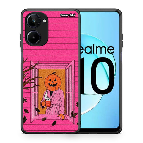 Θήκη Realme 10 Halloween Pumpkin Lady από τη Smartfits με σχέδιο στο πίσω μέρος και μαύρο περίβλημα | Realme 10 Halloween Pumpkin Lady Case with Colorful Back and Black Bezels